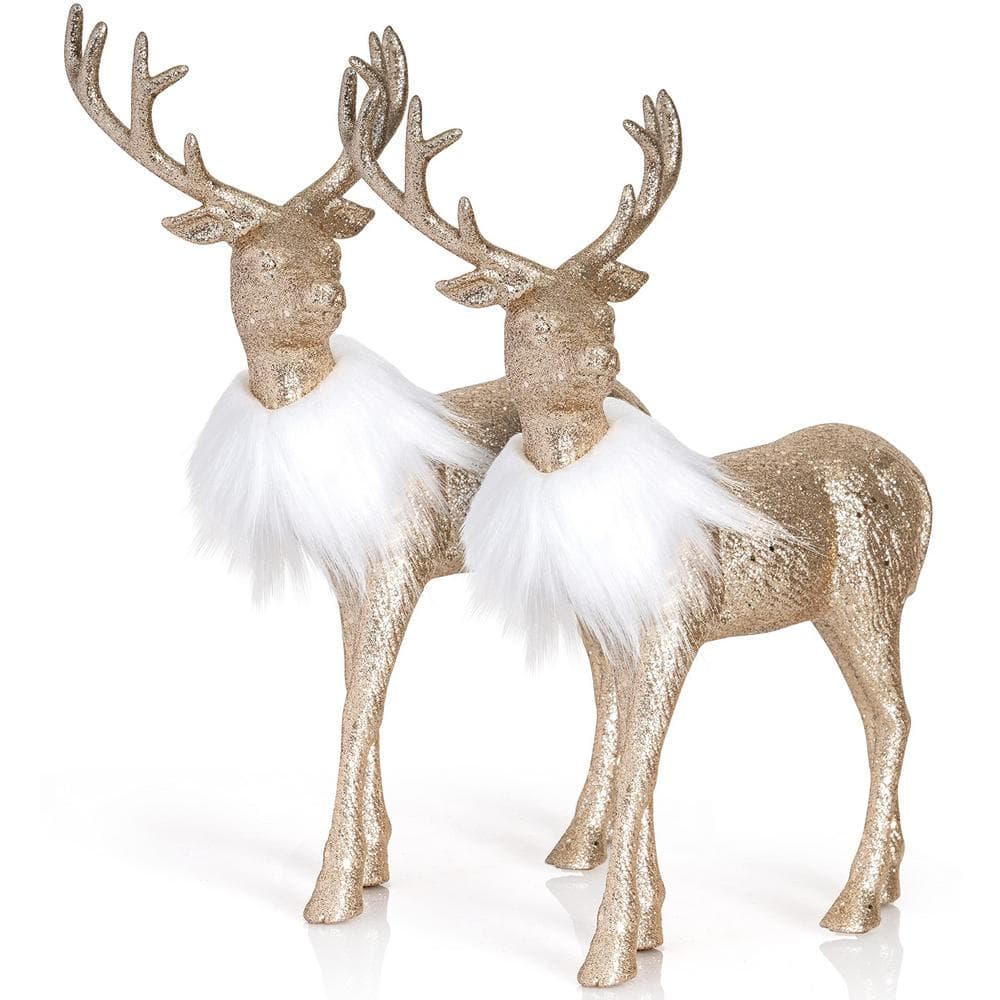 12 in. Gold Glitter Christmas Reindeer – Holiday Deer Figurine Statues Dinner Table Decor Centerpiece (Set of 2) - Hercitys