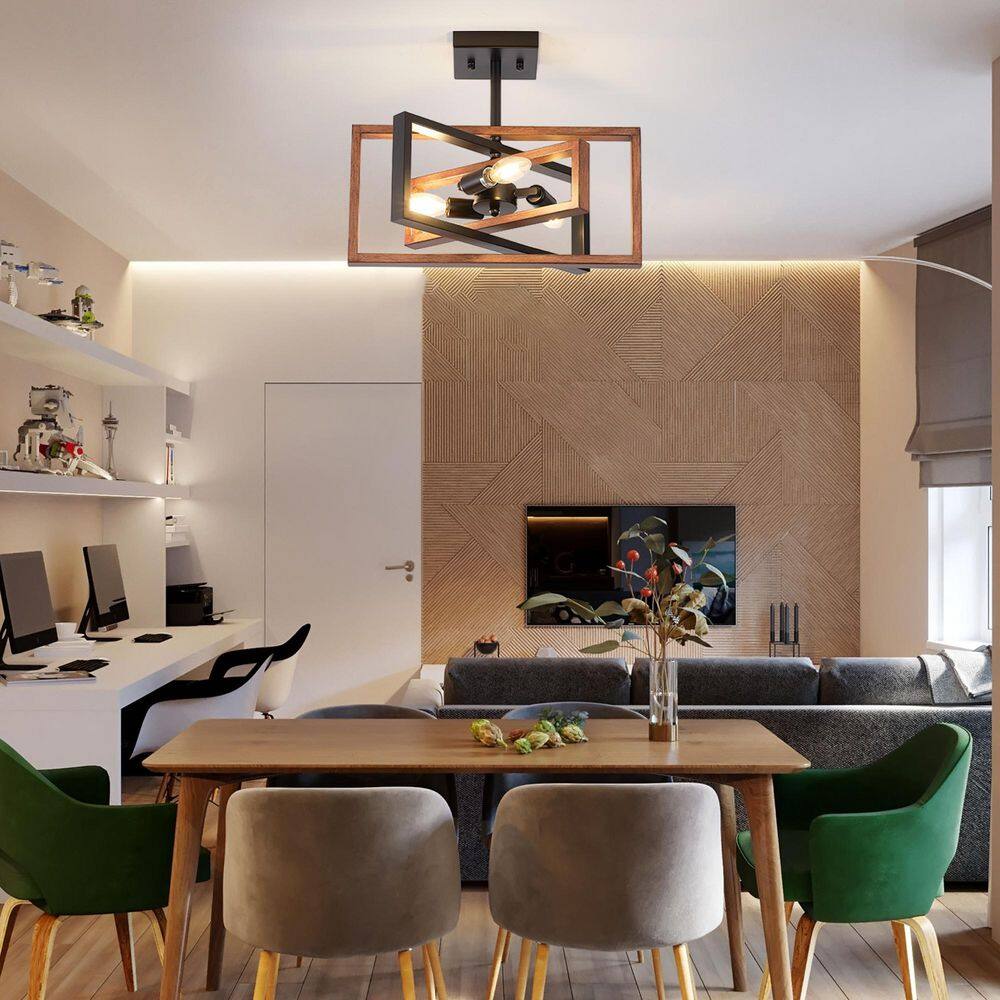 15.8 in.  3-Light Black and Imitation Wood Grain Farmhouse Rectangle Semi Flush Mount Ceiling Light Bulb Not Included - Hercitys