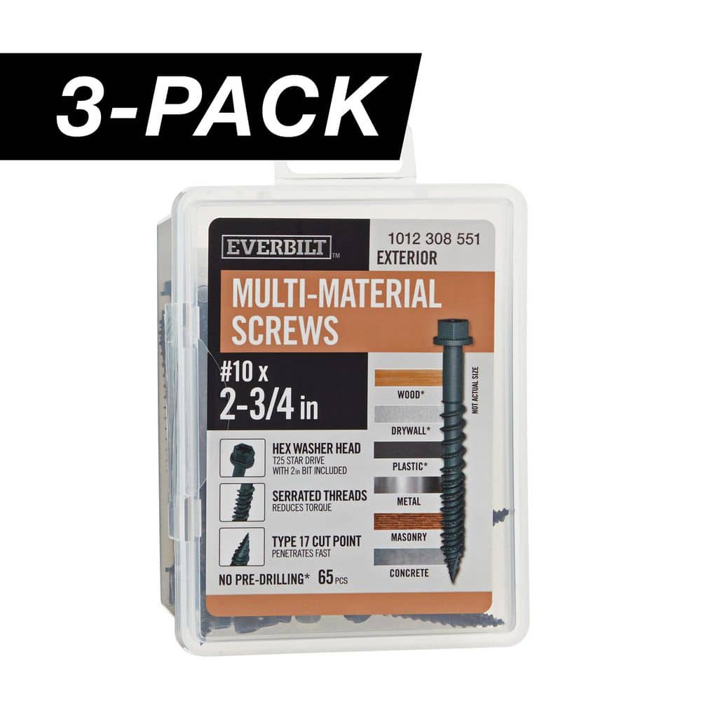 3-Pack #10 x 2-3/4 in. Black 6-Lobe Drive Exterior Washer Hex Head Multi-Material Screw (3 lbs. / 195-Piece ) - Hercitys