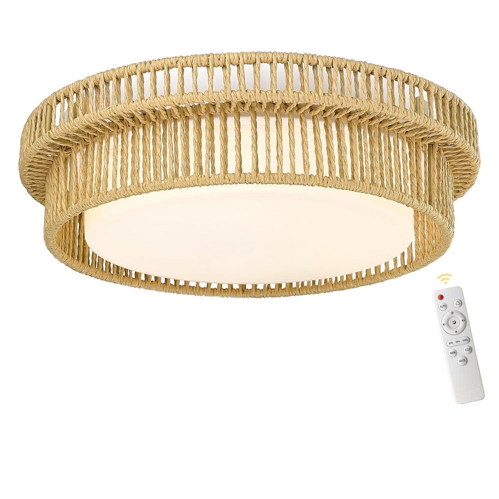 17.8 in Beige Wood Finish Boho Flush Mount with Frosted Glass Shade and Integrated LED - Hercitys
