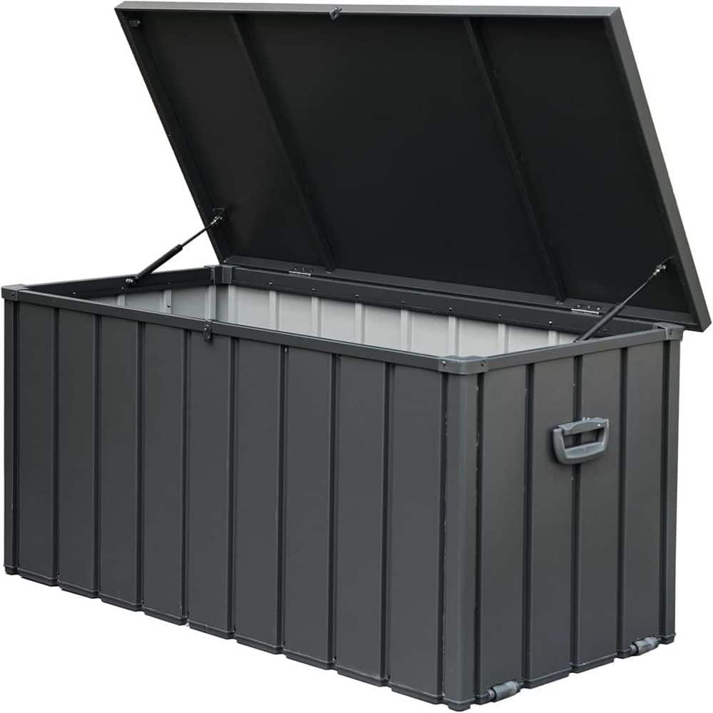 120 gal. Lockable Outdoor Deck Box, Waterproof Metal Patio Storage Bin for Package Delivery, Cushions, Tools, Dark Gray - Hercitys