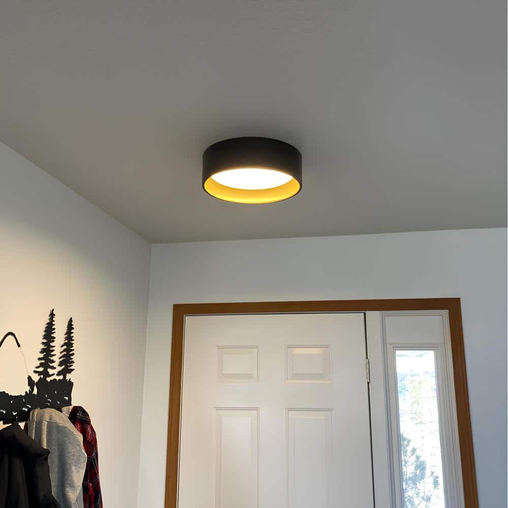 13 in. 1-Light Black and Wood Finish Color Changing 3000K 4000K 5000K Dimmable LED Flush Mount - Hercitys
