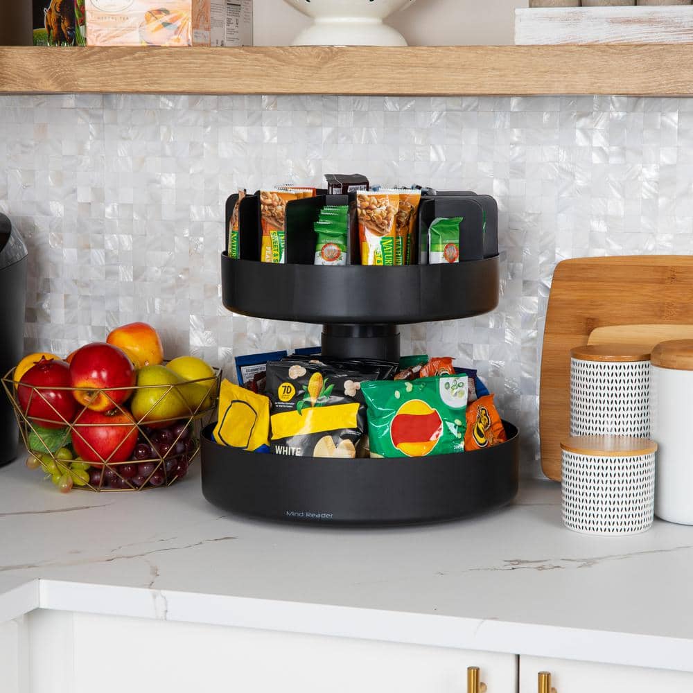 2-Tier Plastic Snack Carousel Countertop Organizer Lazy Susan 14.25 in. L x 14.25 in. W x 14 in. H, Black - Hercitys