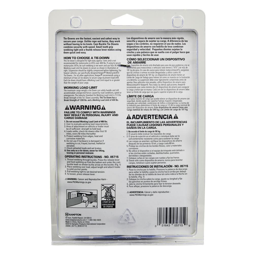 1 in. x 6 ft. x 400 lbs. Motorcycle Cam Buckle Tie-Down (2-Pack) - Hercitys