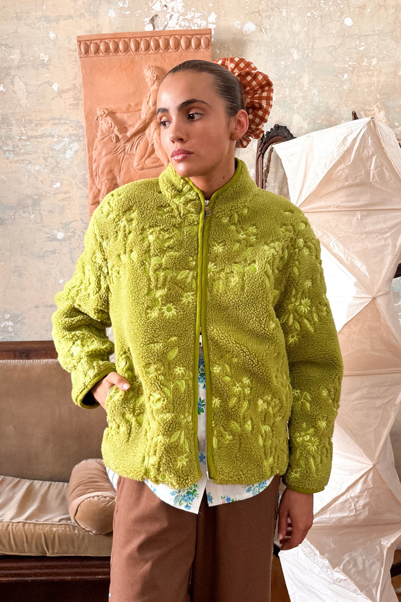 EMBROIDERED FLEECE JACKET - MATCHA GARDEN - Hercitys