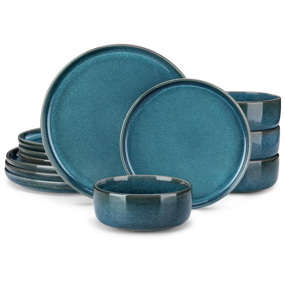 12-Piece Blue Stoneware Dinnerware Set Tableware (Service for 4) Reactive Glaze Bowls and Plates Dinner Set - Hercitys