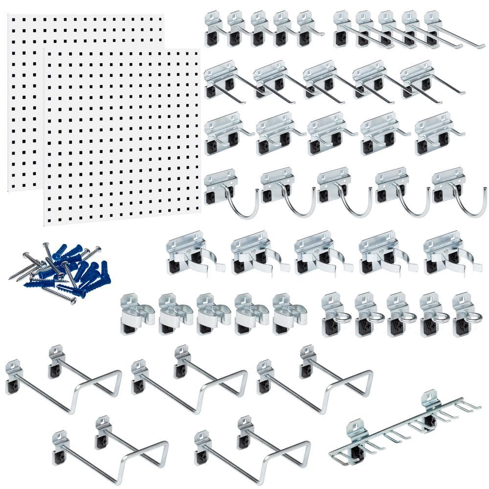 (2) 24 in. W x 24 in. H x 9/16 in. D White Epoxy, 18-Gauge Steel Square Hole Pegboards with 46-Piece LocHook Assortment - Hercitys