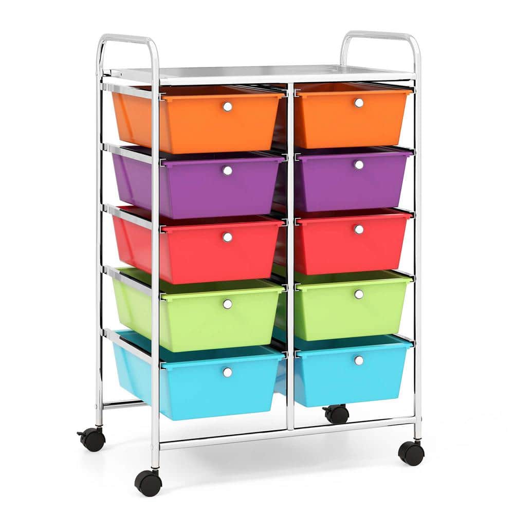 10-Drawer 4-Wheeled Plastic Storage Cart Utility Rolling Trolley Kitchen Office Organizer in Multi-Color - Hercitys