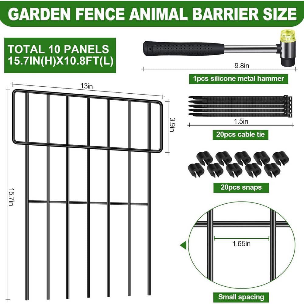 17 in. Rustproof Metal Garden Fence Animal Barrier No-Dig Fence Kit 10 Pack 10.8ft Length for Rabbits and Dogs - Hercitys