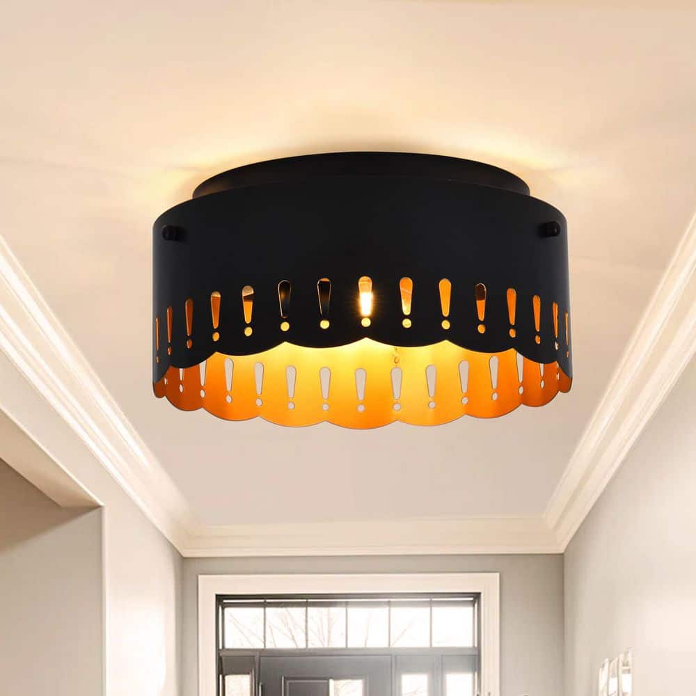 12 in. 3-Light Matte Black Industrial Drum Flush Mount Ceiling Light with Brass Inside Finish and Wavy Brim Fixture - Hercitys