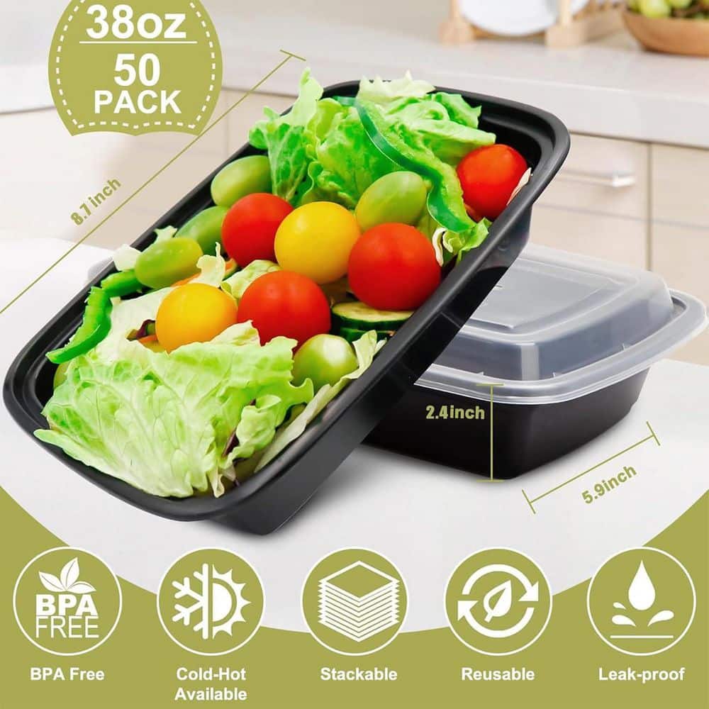 38 oz.Reusable Meal Prep Containers 50-Pack with Lids Disposable BPA Free Microwave/Dishwasher/Freezer Safe Food Storage - Hercitys
