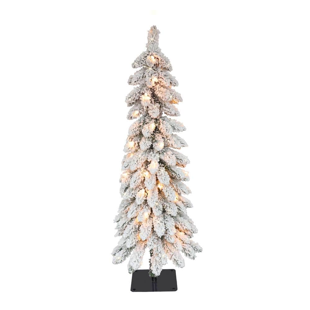 4 ft. Prelit Flocked Alpine Pencil Artificial Christmas Tree - Hercitys