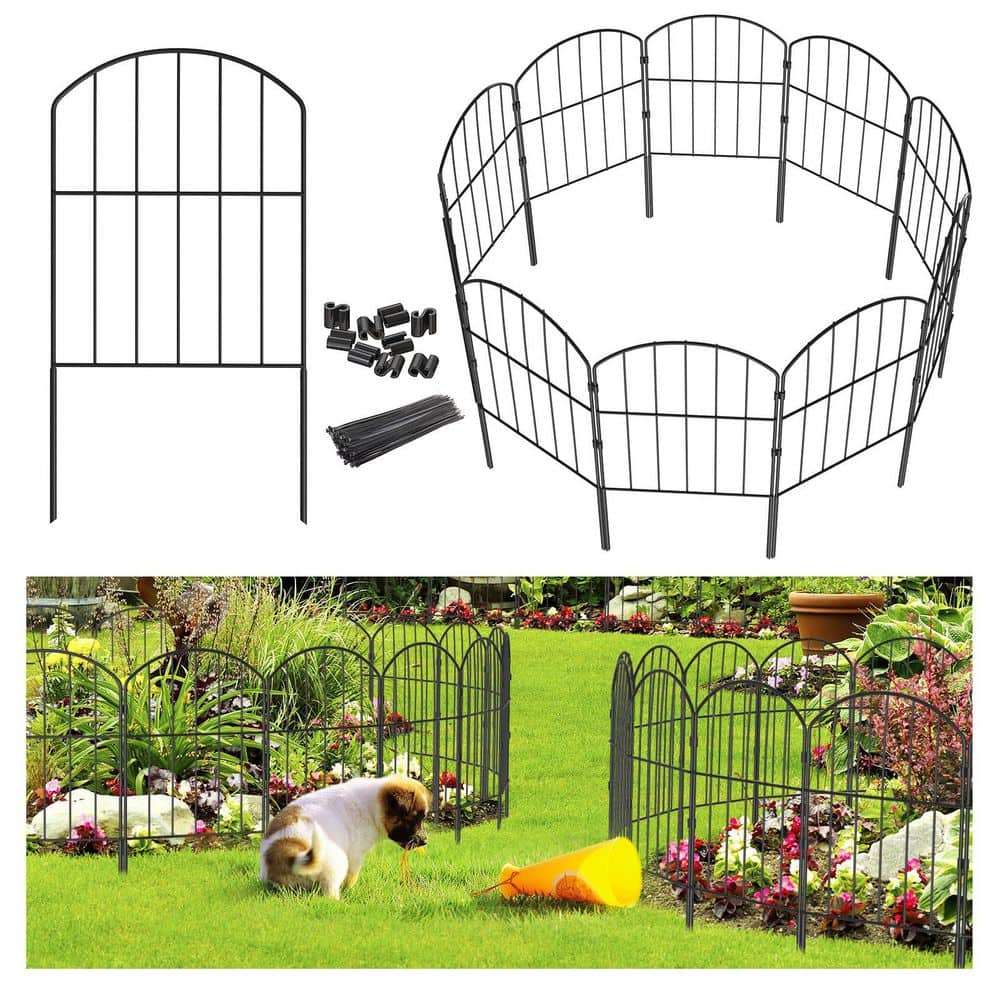 24 in. Metal Garden Fence, 10.5 ft. Rustproof Animal Barrier, 10-Panels, Black - Hercitys