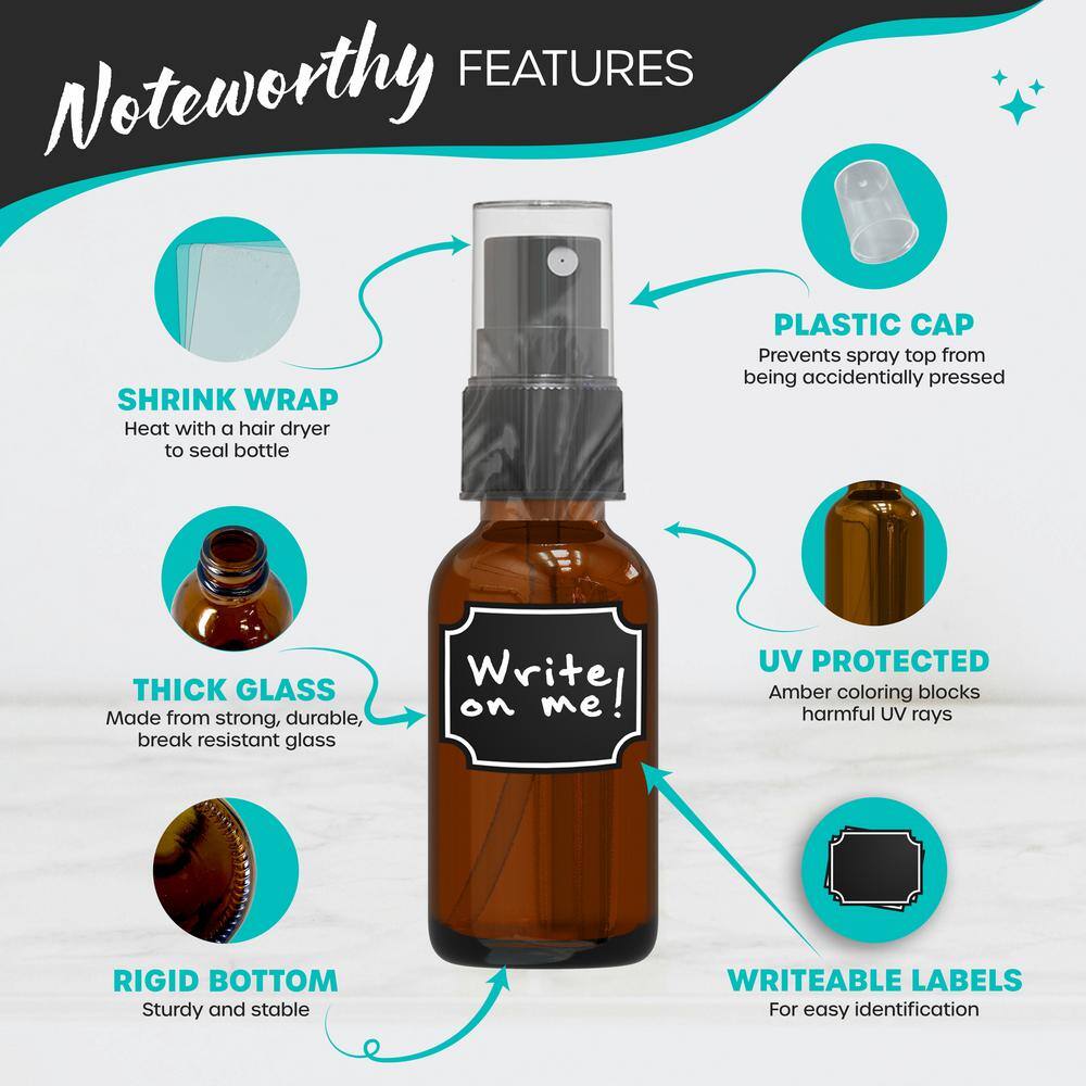 1 oz. Glass Spray Bottles with Funnel, Brush, Marker, Shrink Wrap and Labels – Amber (Pack of 24) - Hercitys