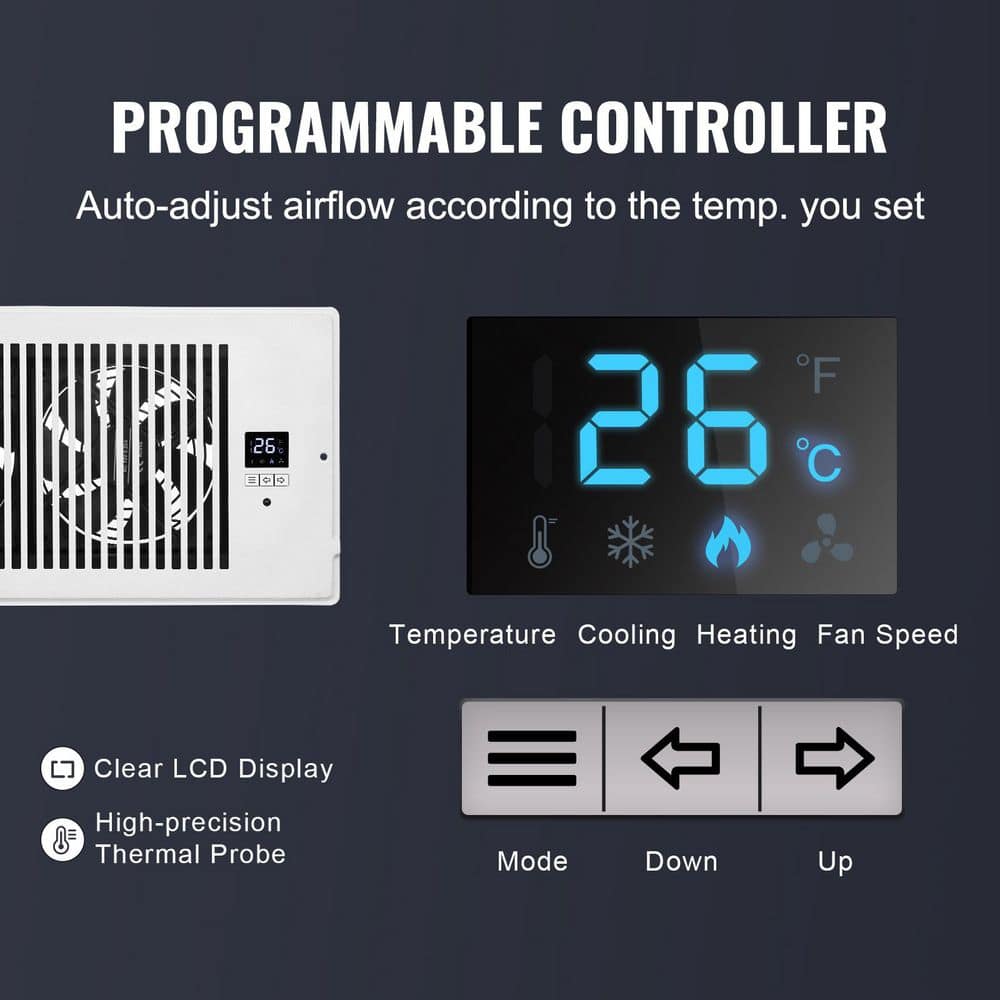Quiet Register Booster Fan, Fits 6 x 12 in., Vents, w/ Remote & Thermostat, Adjustable Speed, White, for Heat/Cool - Hercitys