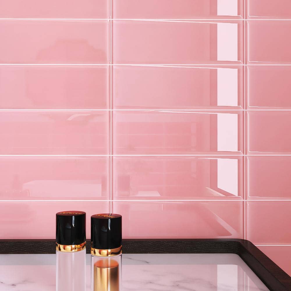 Crystile Pink 4 in. X 12 in. Glossy Glass Subway Tile (10 sq. ft./Case) - Hercitys
