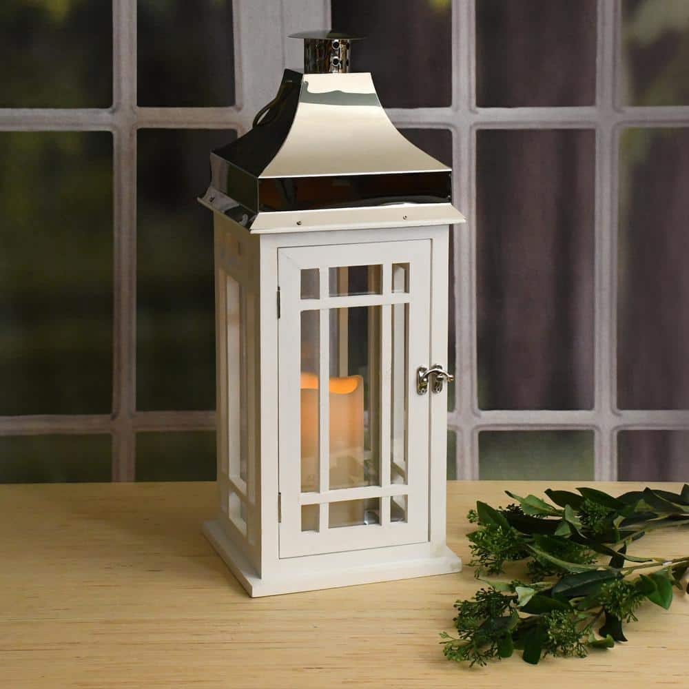Lantern 9 in. x 20 in. White Wooden Lantern Chrome Roof with LED Candle - Hercitys