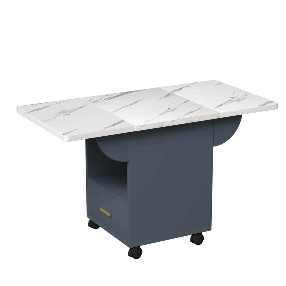 Blue Marble Texture Tabletop 39.4 in. Kitchen Island on 4 Wheels with Folding Table, Storage Rack and 1 Drawer - Hercitys