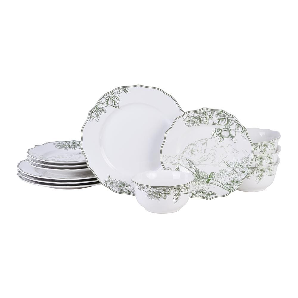 Hudson Valley 12-Piece Traditional Porcelain Green and White Dinnerware Set (Service for 4) - Hercitys