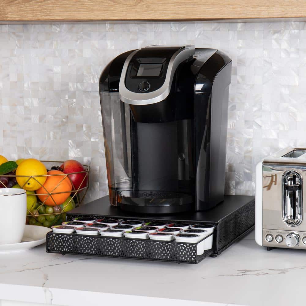 Single Serve Coffee Pod Drawer, 36 Pod Capacity, Countertop Organizer, Metal, 12.75 in. L x 13 in. W x 3 in. H, Black - Hercitys