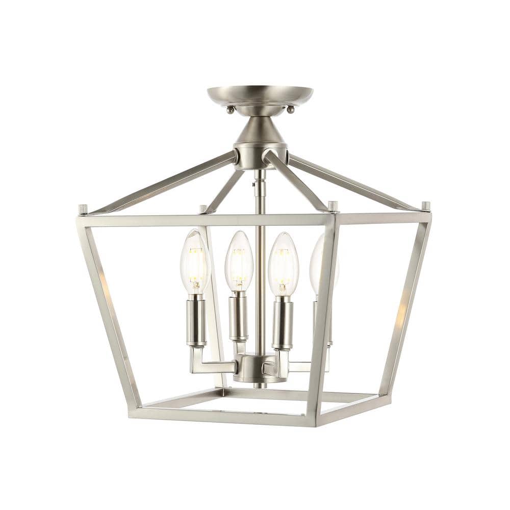 Plains Mini Lantern 12 in. 4-Light Iron Modern Farmhouse LED Flush Mount, Nickel - Hercitys