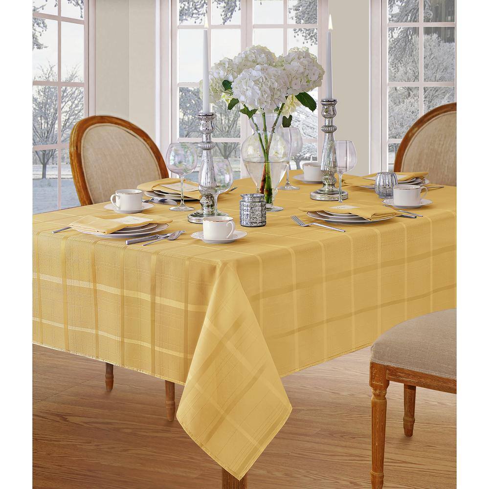 60 in. W x 144 in. L Ribbon Gold Elegance Plaid Damask Fabric Tablecloth - Hercitys