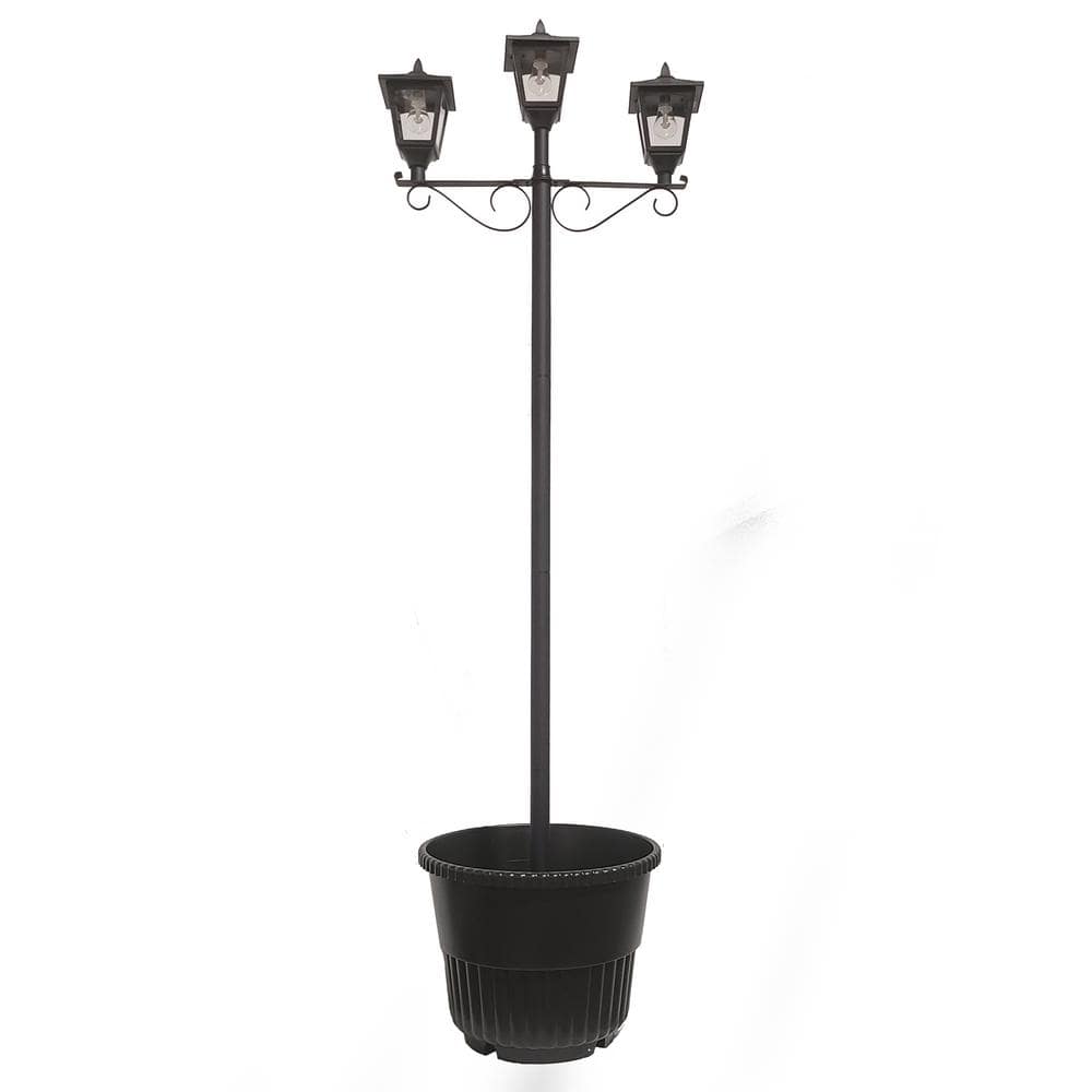Triple Head 3-Light Black Outdoor Solar Warm White LED Lamp Post Light Set with Round Planter for Garden and Porch - Hercitys