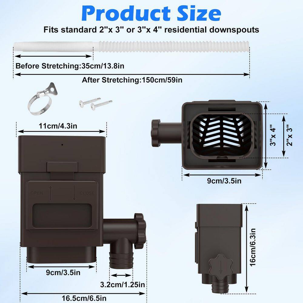 Brown Rain Barrel Diverter Kit with Adjustable Valve, Gutter Filter and 5 ft. Hose for 2″ x 3″ or 3″ x 4″ Residential - Hercitys