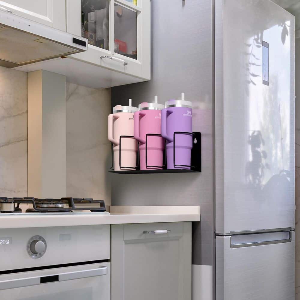 Stanley Cup Holder for 3 Cups, Adjustable Mount with Adhesive Tape or Screws, 1-Shelf Black Magnetic Pantry Organizer - Hercitys