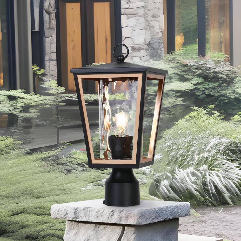 Modern 15.7 in. 1-Light Black Gold Metal Outdoor Weather Resistant Post Light Clear Glass Porch Walkway Post Lantern - Hercitys