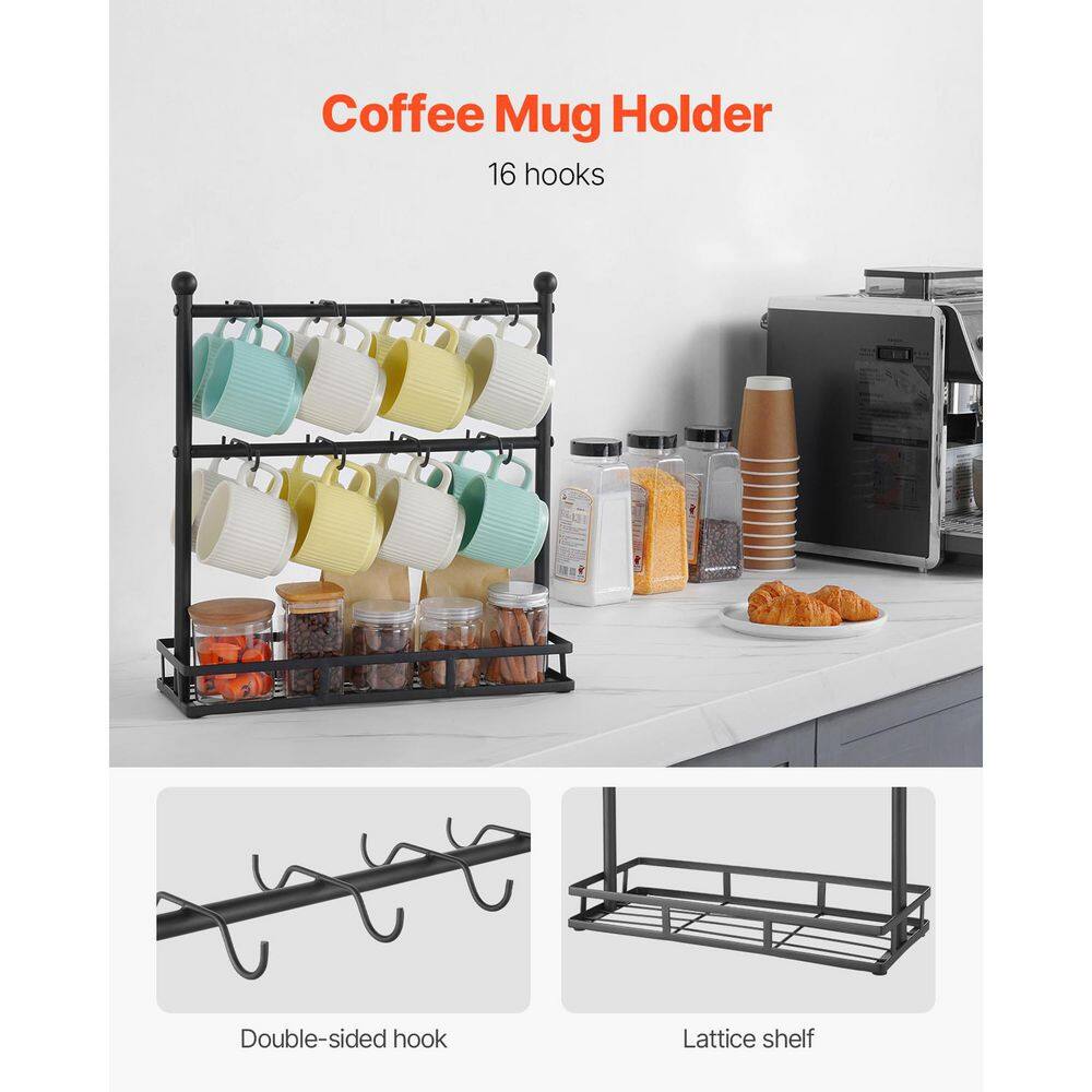 Coffee Mug Holder, 16 Hooks Coffee Cup Holder with Storage Base, 2 Tier Mugs Tree Rack, Carbon Steel Display Stand - Hercitys