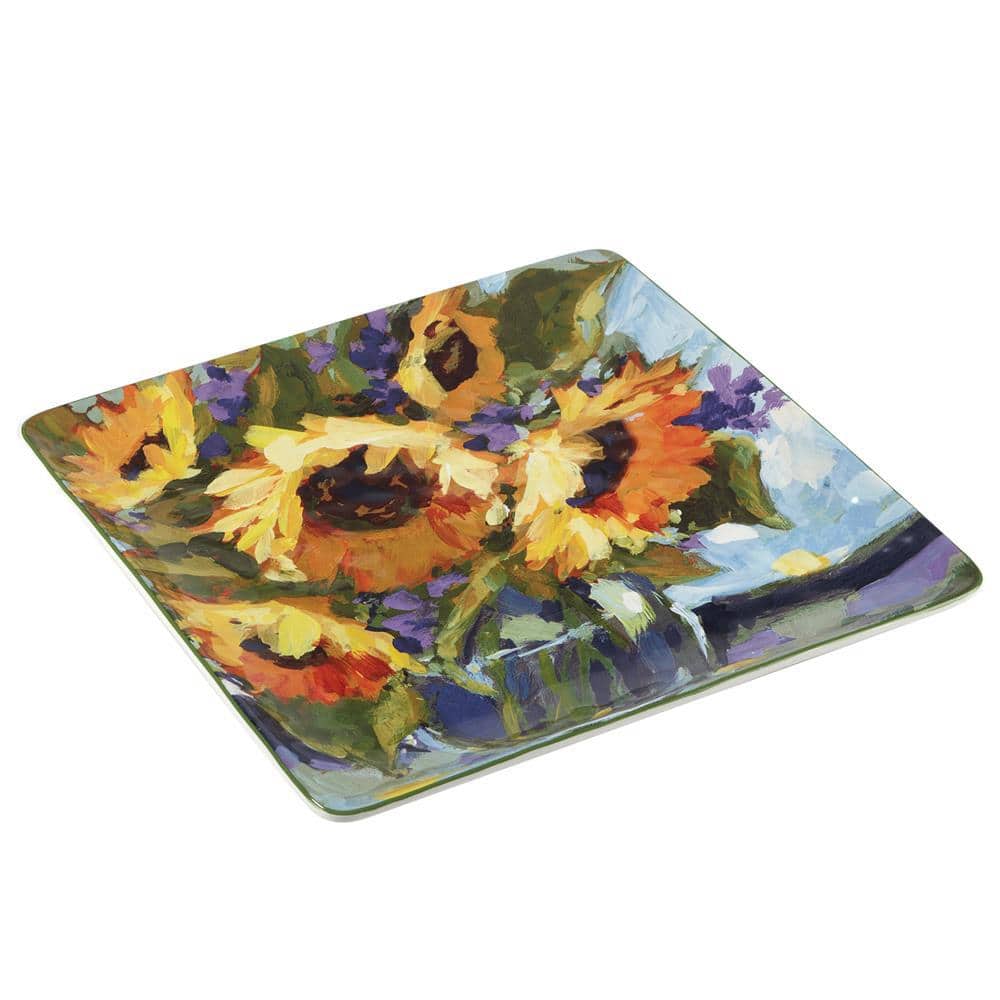 Sunflower Bouquet 12.5 in. Assorted Colors Earthenware Square Platter - Hercitys