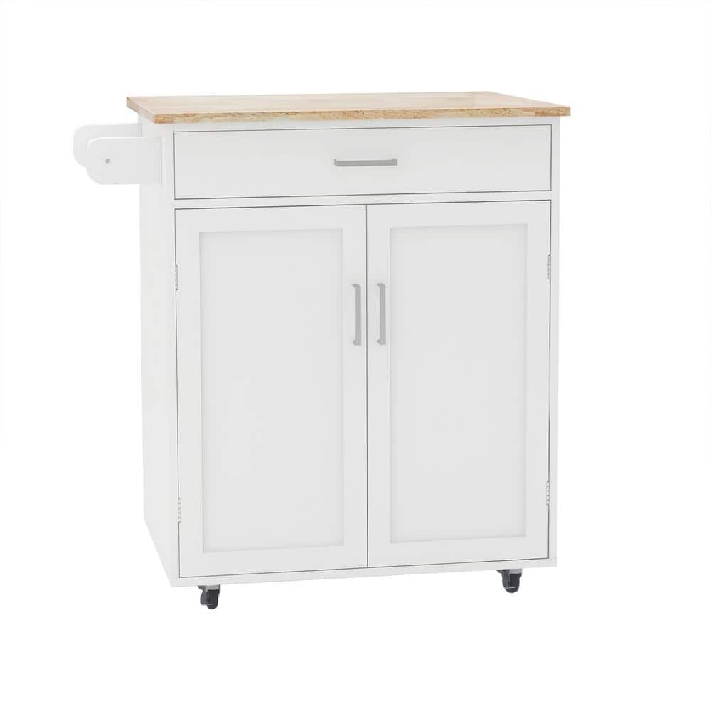 White Rubber Wood 32.68 in. Kitchen Island Rolling Trolley Cart with Adjustable Shelves and Towel Rack - Hercitys