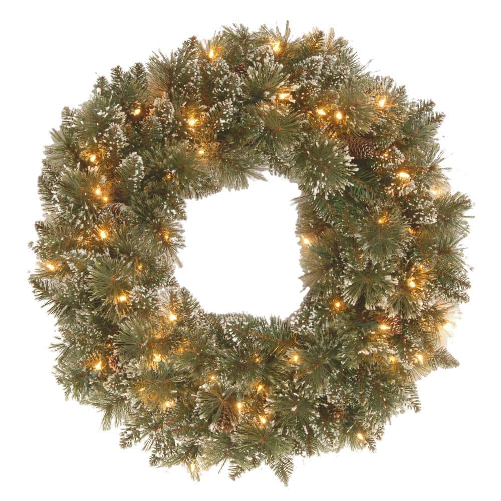 Glittery Bristle Pine 24 in. Artificial Wreath with Battery Operated Warm White LED Lights - Hercitys