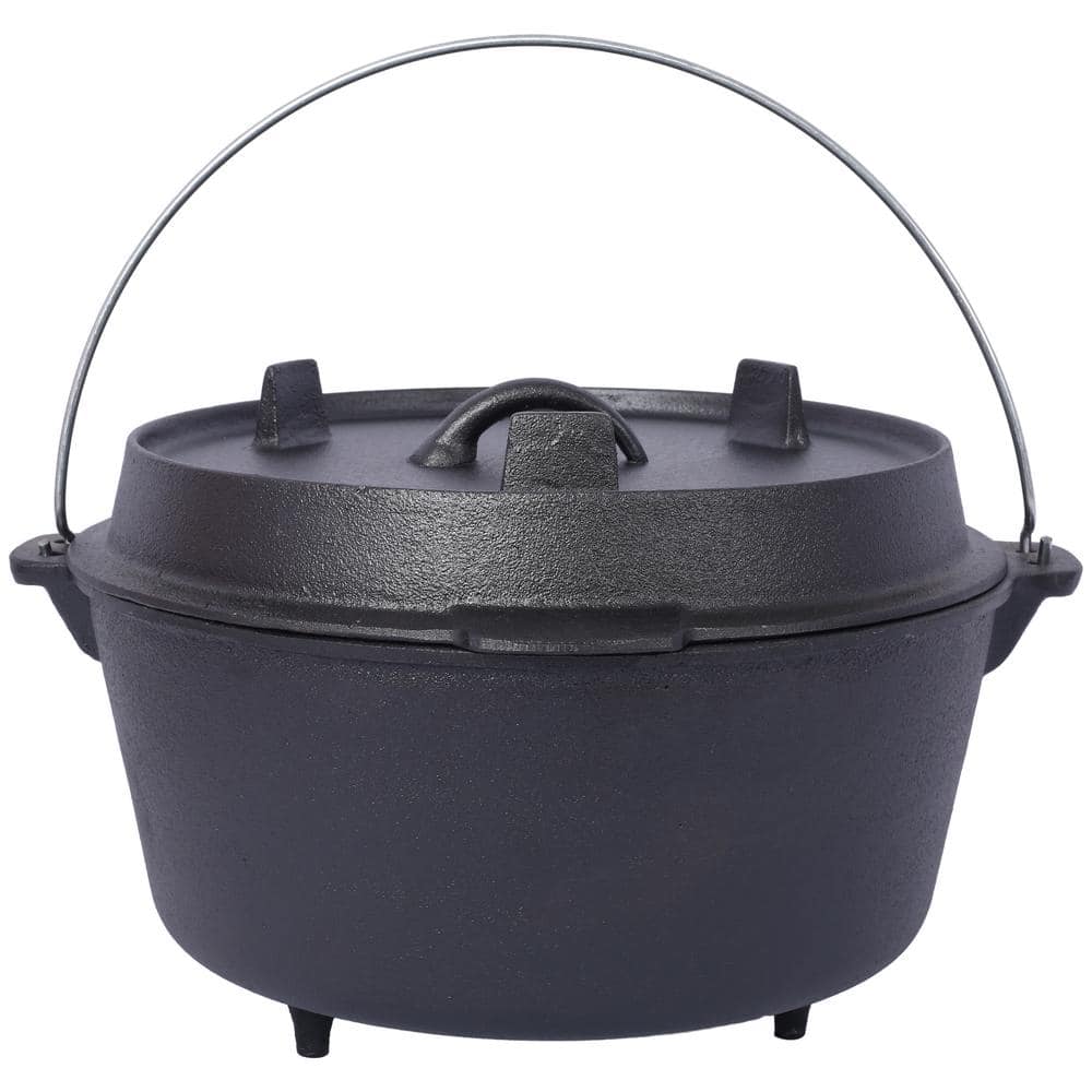 8 qt. Round Cast Iron Dutch Oven in Black with Lid, Outdoor Pre-Seasoned Camp Pot for Fireplace Cooking BBQ Baking - Hercitys