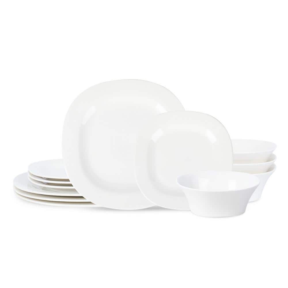 Quadro 12-Piece White Porcelain Dinnerware Set (Service for 4) - Hercitys