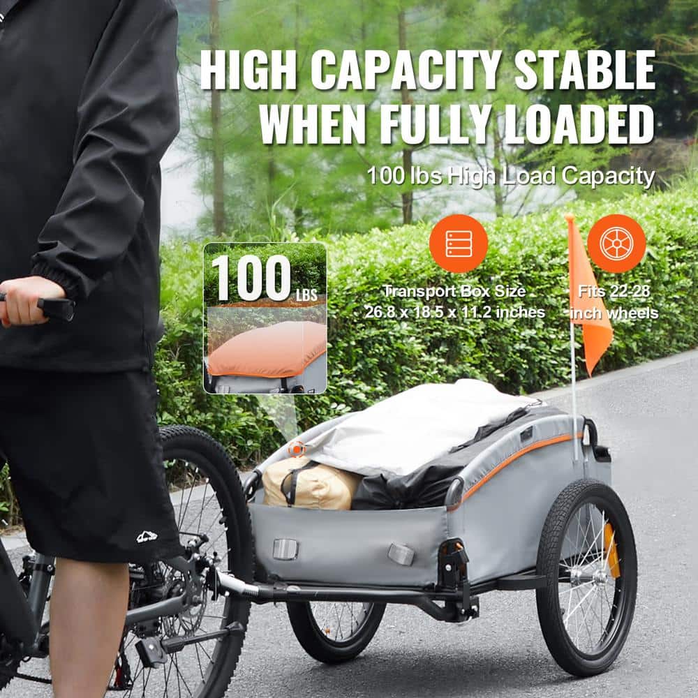 Bicycle Trailer, 100 lbs. 3.27 cu. ft. Capacity, Metal, Durable Cart, Universal Coupler,Protective Cover,16 in. Tires - Hercitys