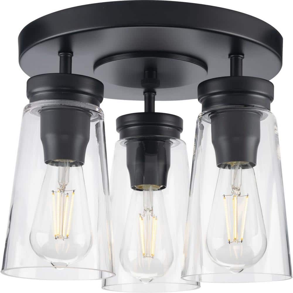 Stockbrace 3-Light Matte Black Clear Glass Farmhouse Flush Mount Ceiling Light - Hercitys