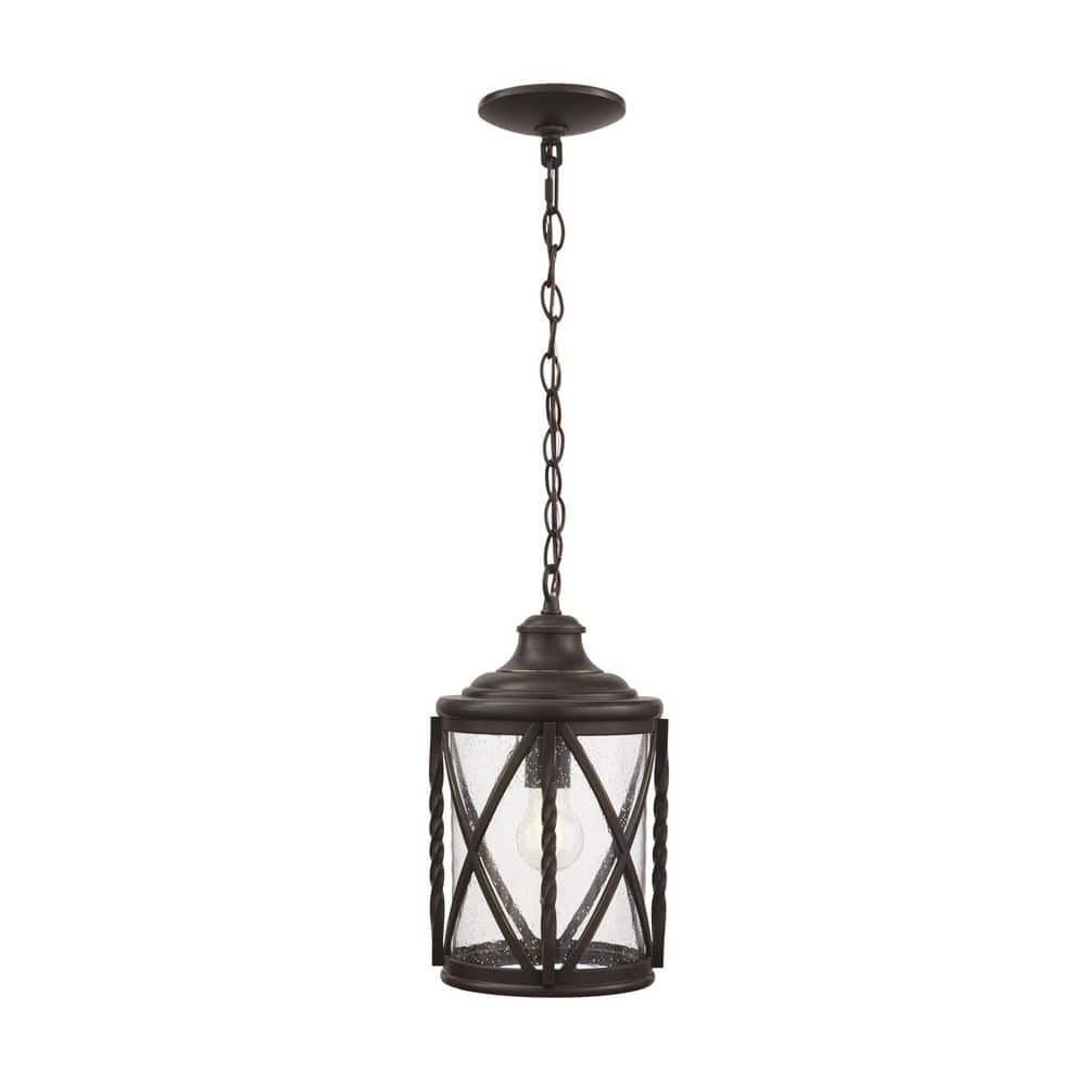 Walcott Manor 14.12 in. 1-Light Antique Bronze Outdoor Transitional Pendant Light with Clear Seeded Glass - Hercitys