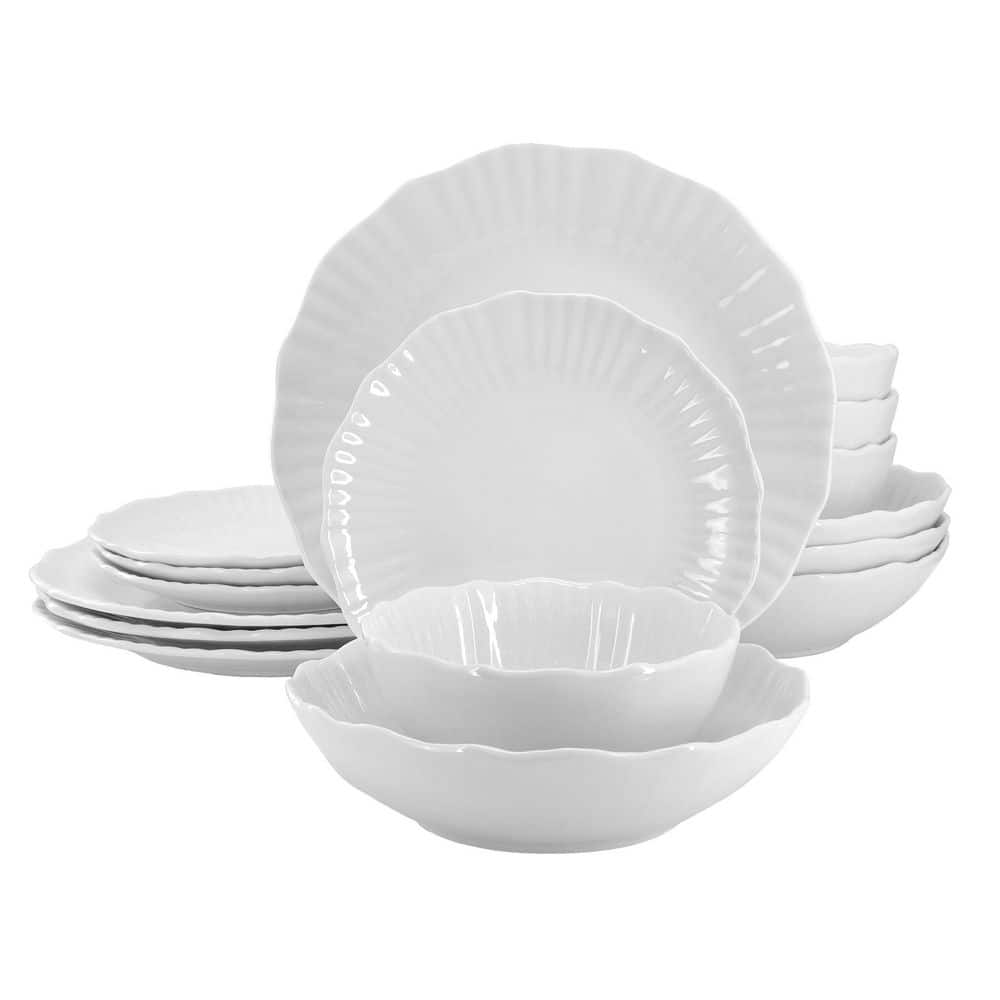 Elama Lily 16 Piece Double Bowl Porcelain Dinnerware Set in White - Hercitys