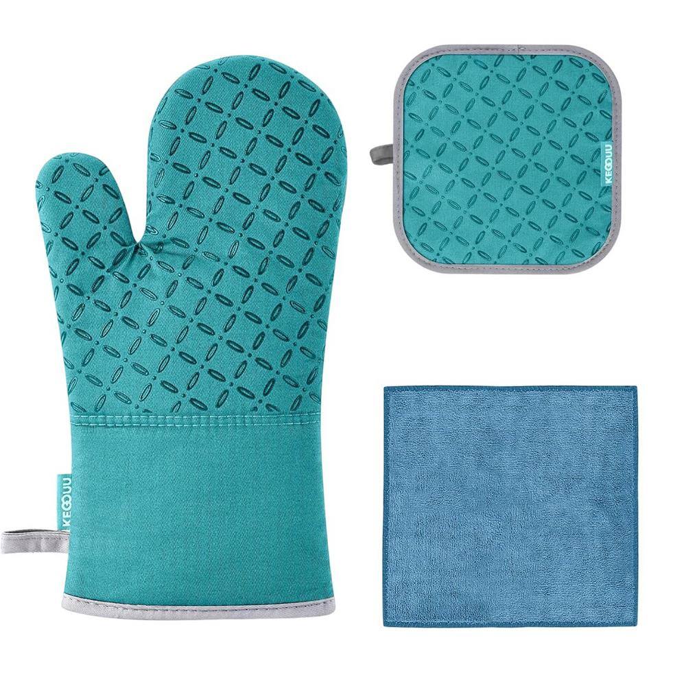 6-pieceOven Mitts and Pot Holders with High Heat Resistant 500° and Non-Slip Silicon Surface for Cooking in Lake Blue - Hercitys