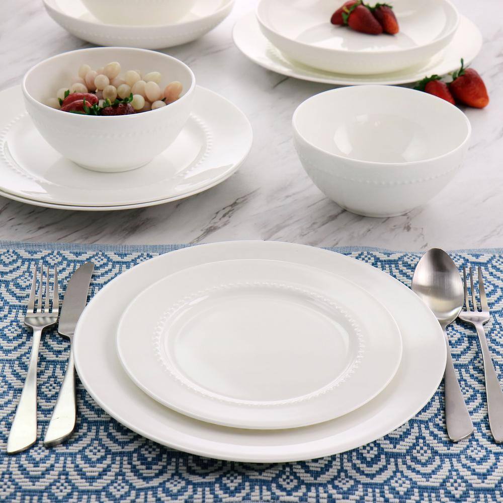 Embossed Bone China 16-Piece Double Bowl Dinnerware Set in White - Hercitys