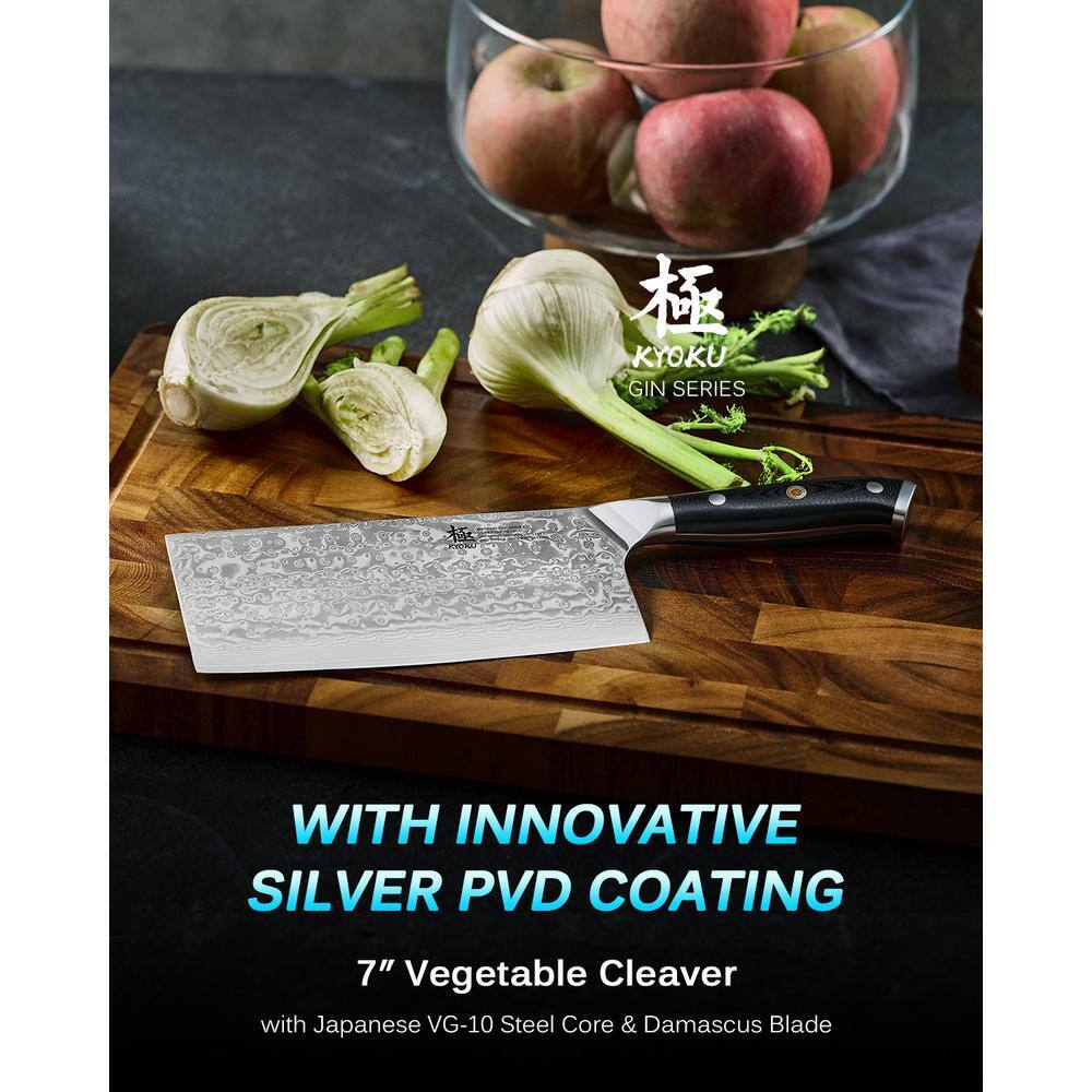 Shogun Gin Series 7 in. VG10 Damascus Stainless Steel Vegetable Cleaver Knife with Silver Ion Blade G10 Handle - Hercitys