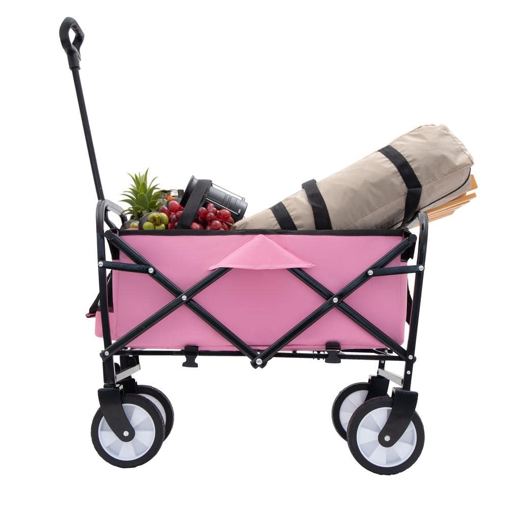 9.74 cu. ft. Pink Fabric Wagon Cart, Folding Outdoor Garden Cart w/ All-Terrain Wheels for Camping Shopping Fishing - Hercitys