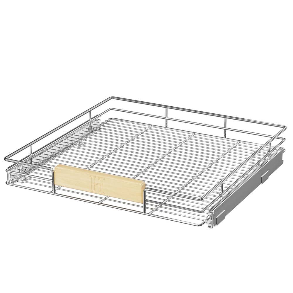 Space Saver Silver Metal Pull-Out Organizer for Kitchen Wooden Handle Slide Out Storage - Hercitys