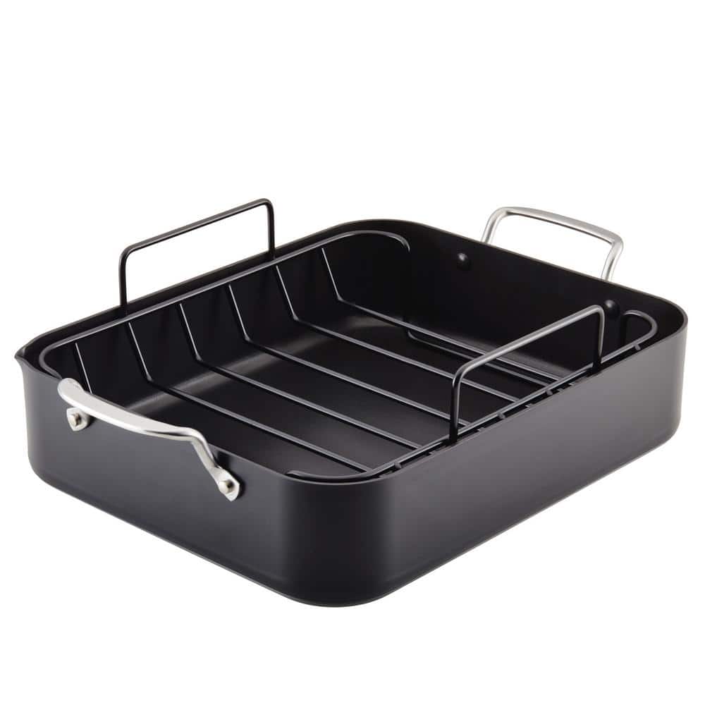 Hard Anodized 12.12 qt. Black Hard Anodized Aluminum Roasting Pan with Rack - Hercitys