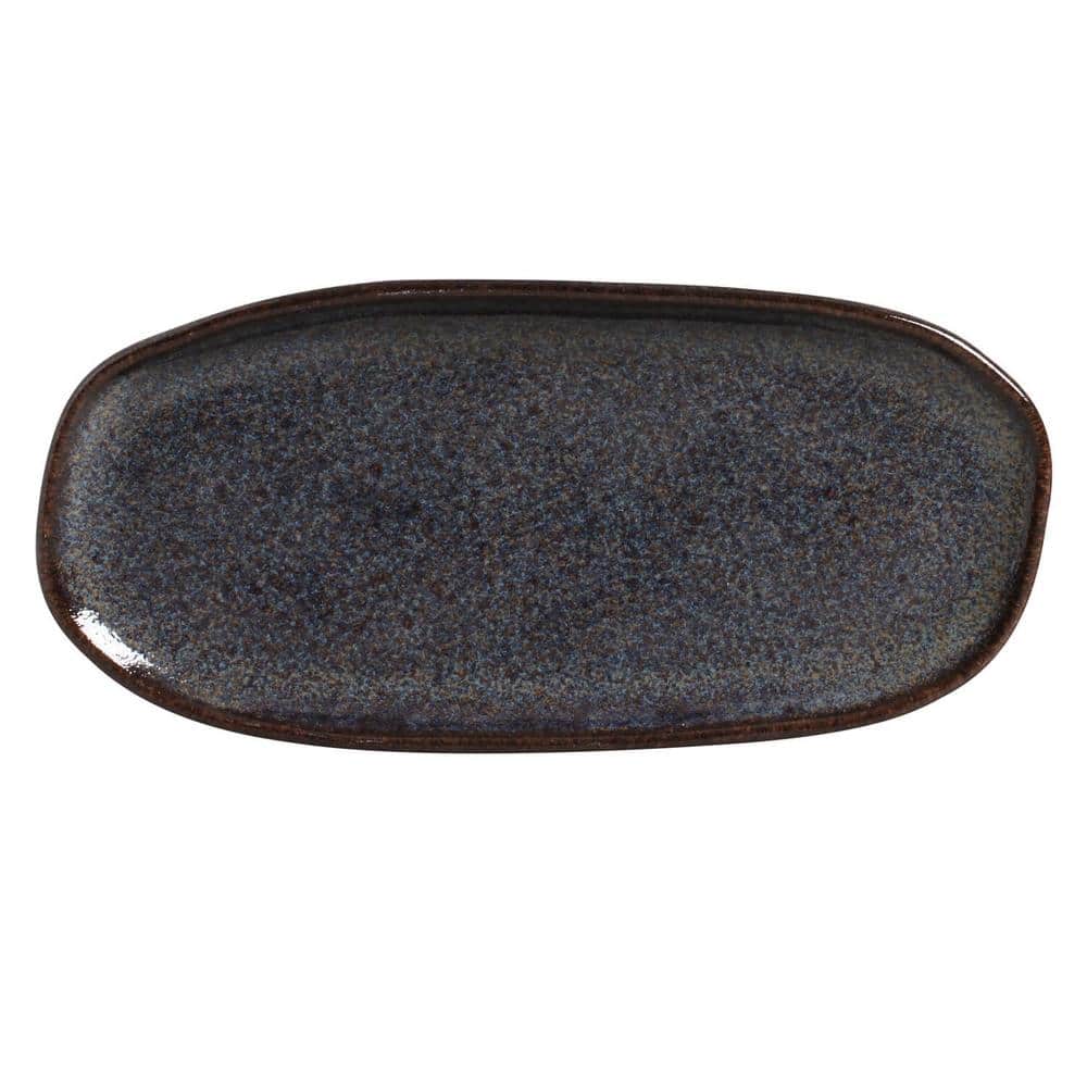 9.06 in. Titanium Dark Blue Stoneware Shallow Oval Platter Organic (Set of 4) - Hercitys