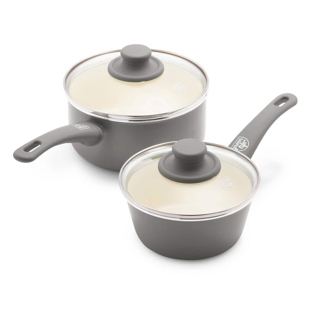 Soft Grip 4-Piece 1 Qt. and 2 Qt. Healthy Ceramic Nonstick Sauce pan Set with Lids in Gray - Hercitys