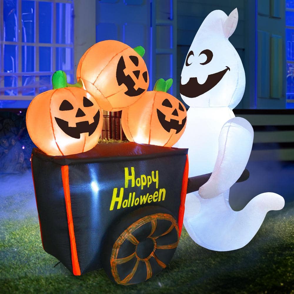 Syncfun 6 FT Inflatable Ghost Pushing Pumpkin Cart with Built-in LEDs for Halloween Decor - Hercitys