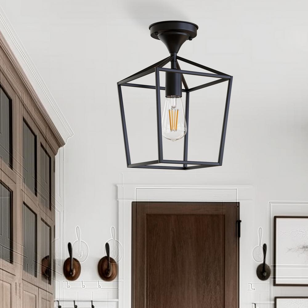 7 in. 1-Light Black Modern Industrial Square Cage Semi-Flush Mount Ceiling Light for Hallway,Bedroom,Kitchen or Entryway - Hercitys